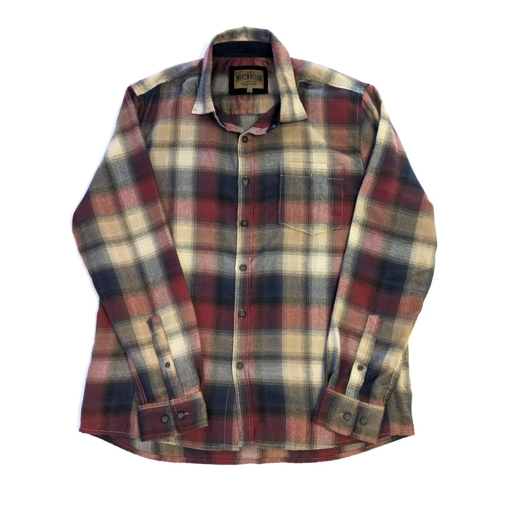 North River Mens Plaid Flannel Shirt Large Burgundy Navy Tan Long Sleeve Button
